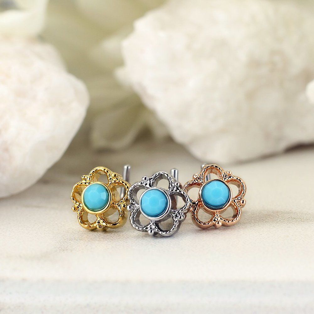 Flower Filigree Turquoise Center 316l Surgical Steel L Bend Nose Stud Rings